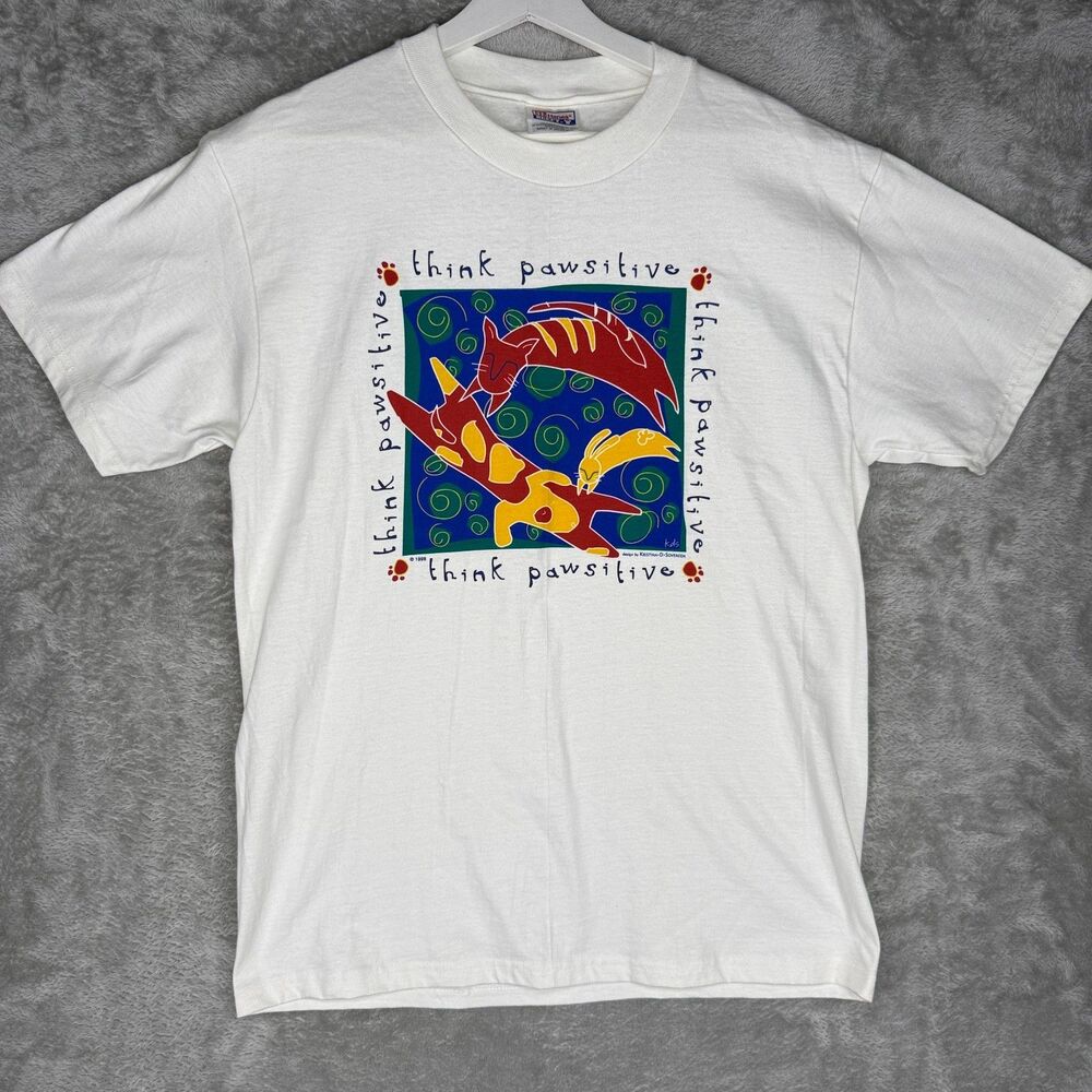 Vintage 90s Cat T-Shirt Mens Medium Art Think Pawsitive Therapy Animals White